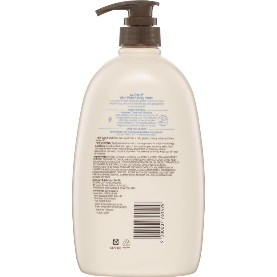 Aveeno Body Wash Skin Relief Fragrance Free Pump 1L