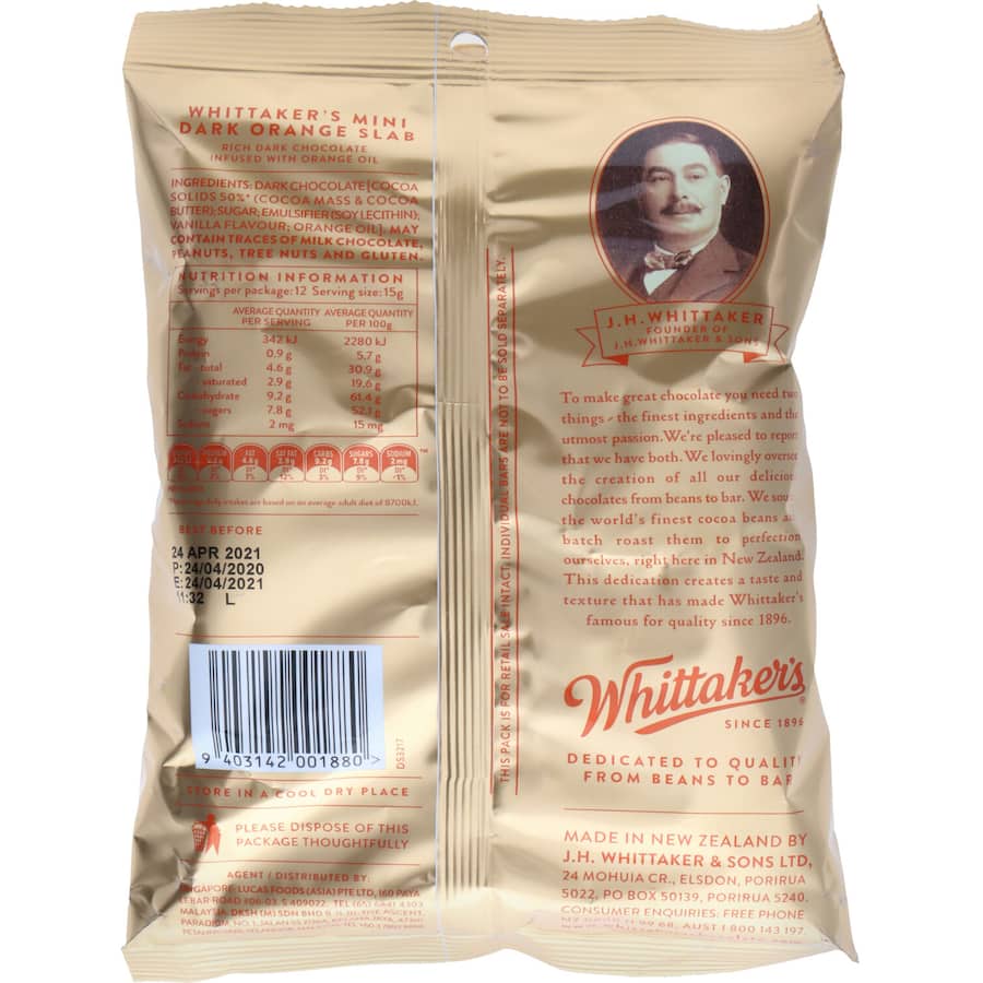 Whittakers Chocolate Sharepack Dark Orange Mini Slab 180g Bag 12pack