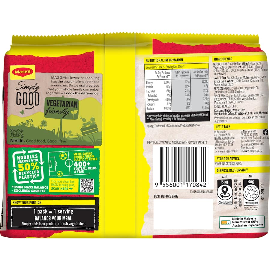 Maggi Fusian Instant Noodles Hot & Spicy Multi Pack 5pk 360g