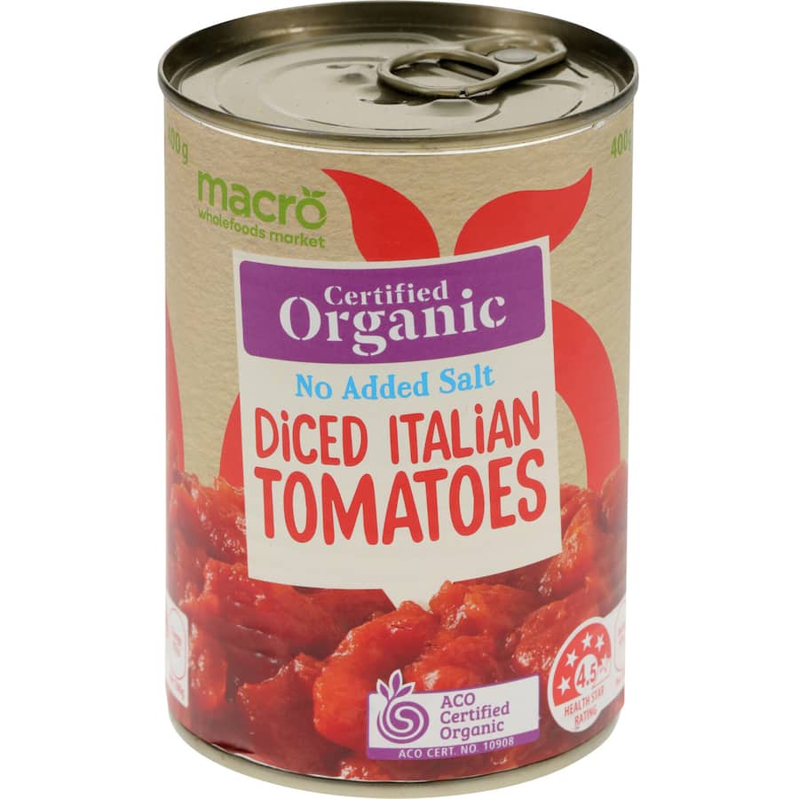 Macro Organic Diced Tomatoes Italian No Added Salt Can 400g