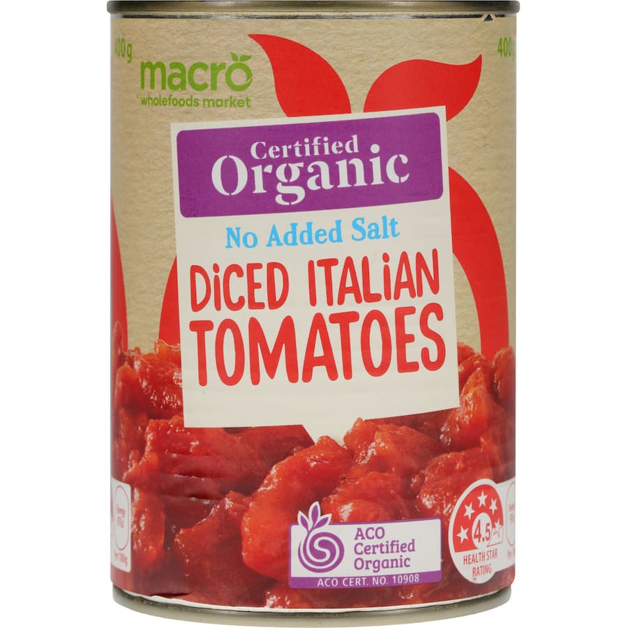Macro Organic Diced Tomatoes Italian No Added Salt Can 400g