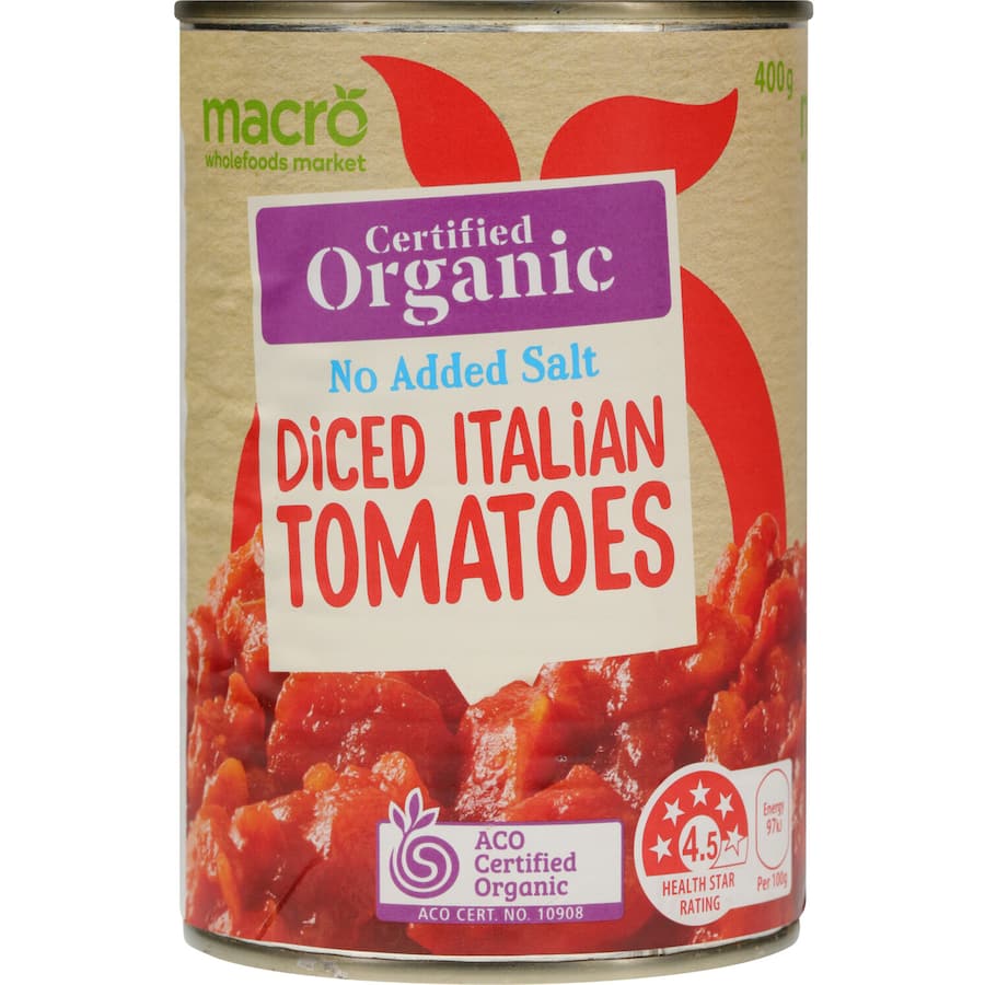 Macro Organic Diced Tomatoes Italian No Added Salt Can 400g