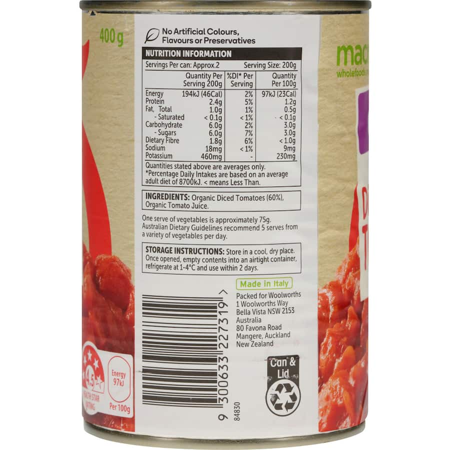 Macro Organic Diced Tomatoes Italian No Added Salt Can 400g