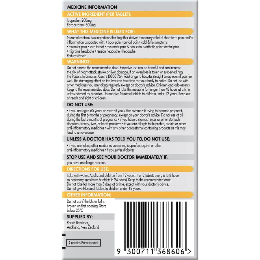 Nuromol Dual Action Ibuprofen & Paracetamol Strong Pain Relief Tablets 12pack