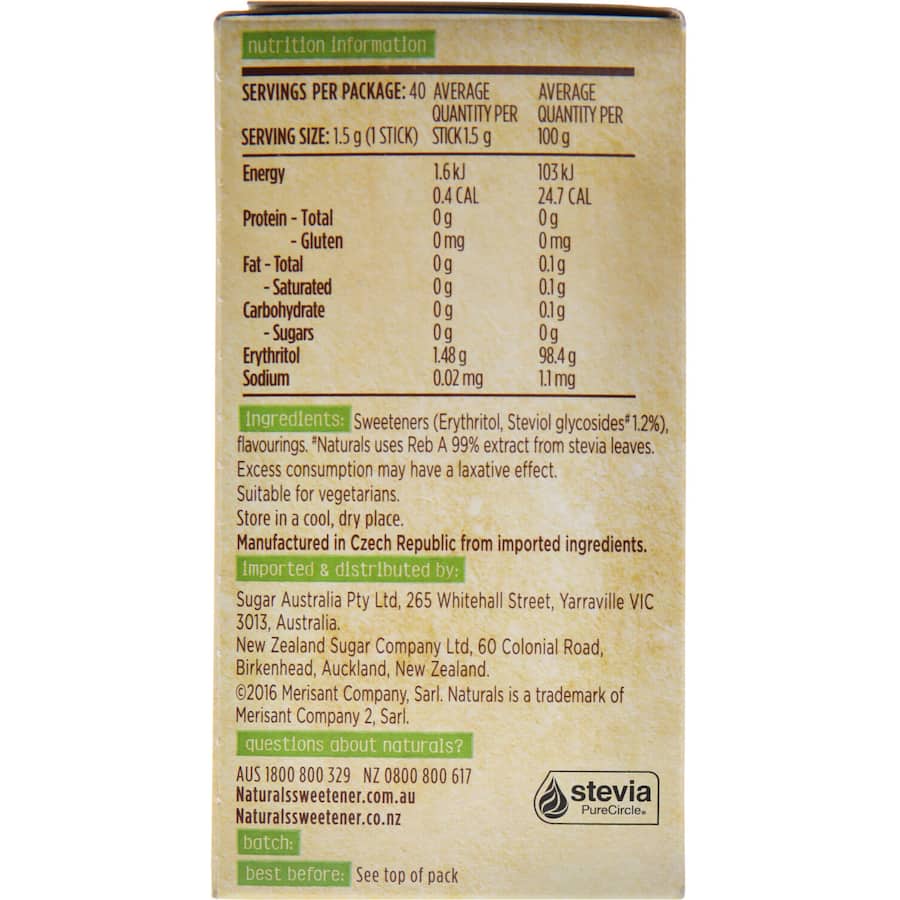 Naturals Sugar Substitute Naturals Stevia Sticks 60g