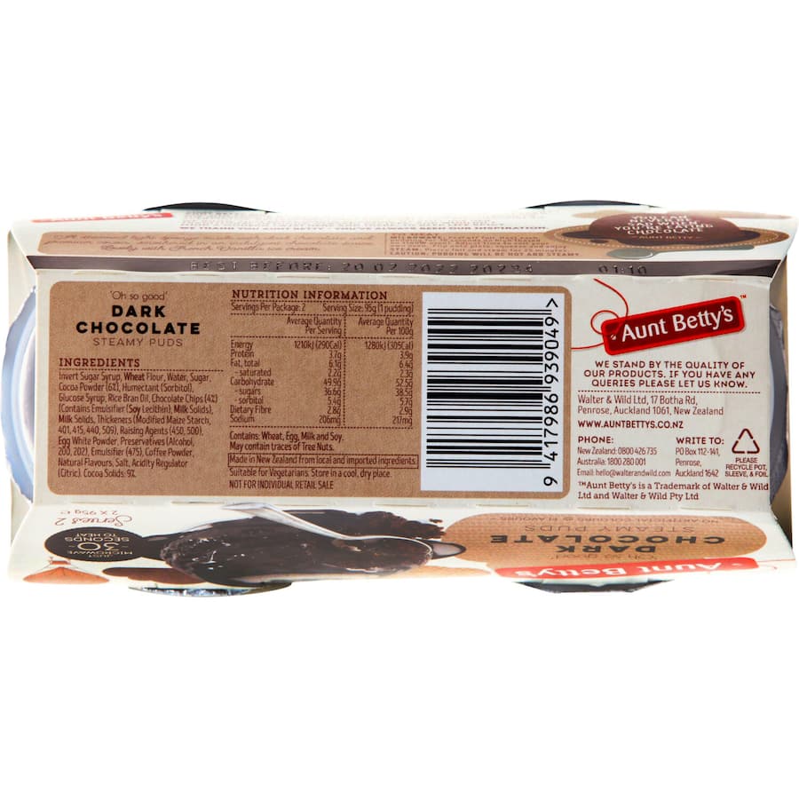 Aunt Bettys Steamed Pudding Dark Choc 190g 95g pottles 2pack