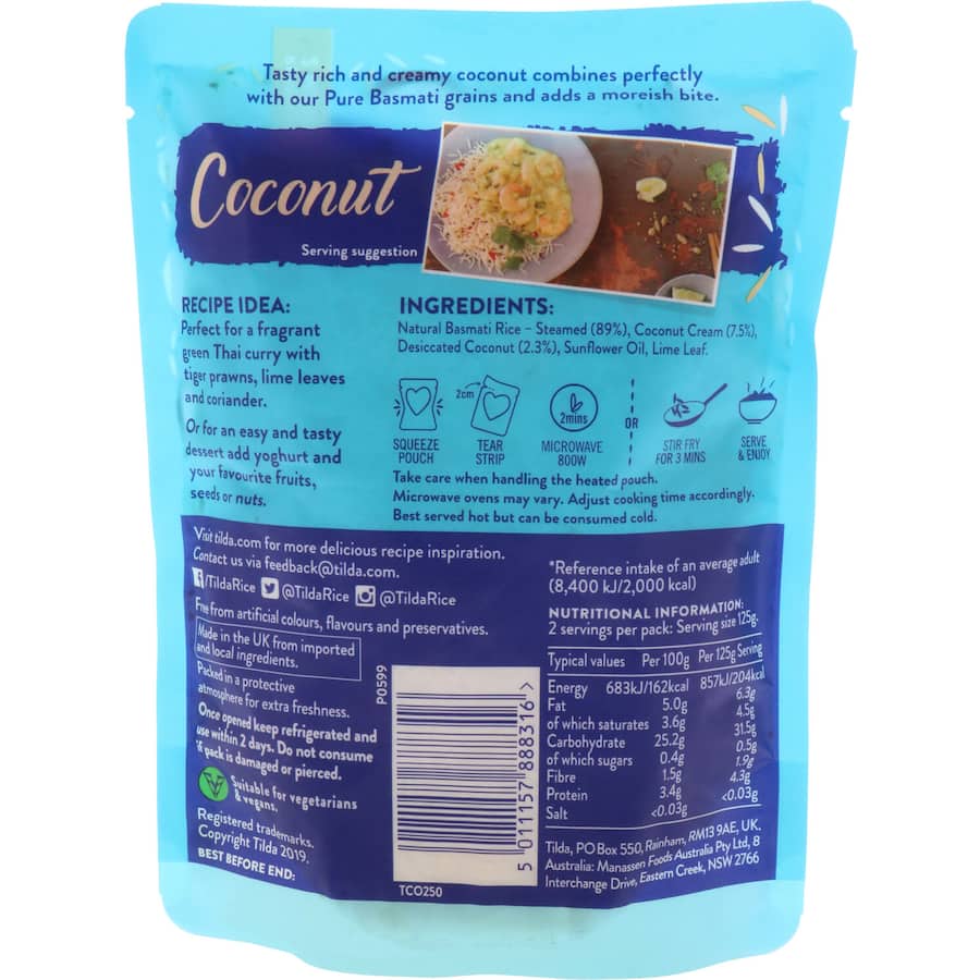 Tilda Steamed Rice Coconut Basmati Pouch 250g