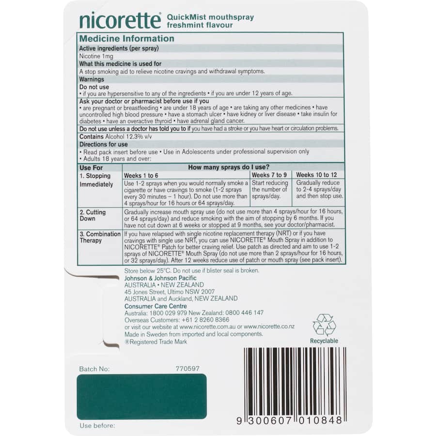 Nicorette Smoking Remedy Quick Mist Spray 150 13.2mL