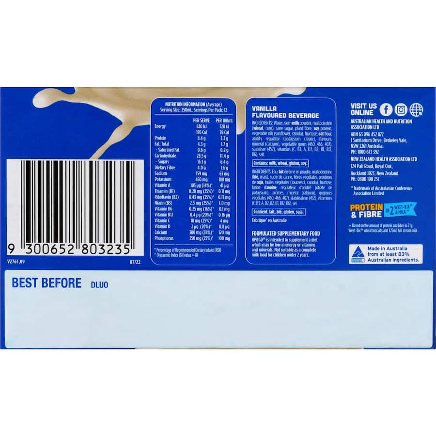 Sanitarium Up & Go Liquid Breakfast Vanilla Ice Fridge Pack 12pk 250mL