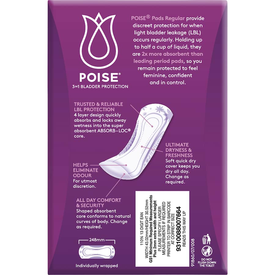 Poise Womens Continence Pads Regular 16pack