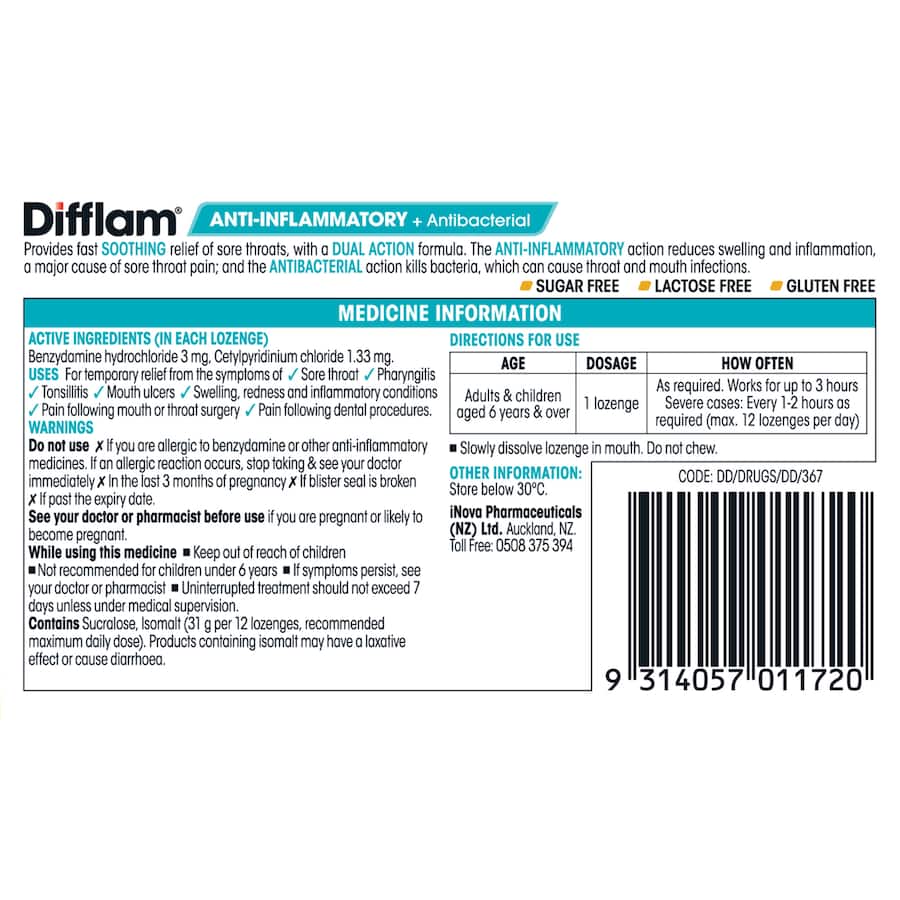 Difflam Anti-inflammatory Sore Throat Honey Lemon Lozenges 16pack