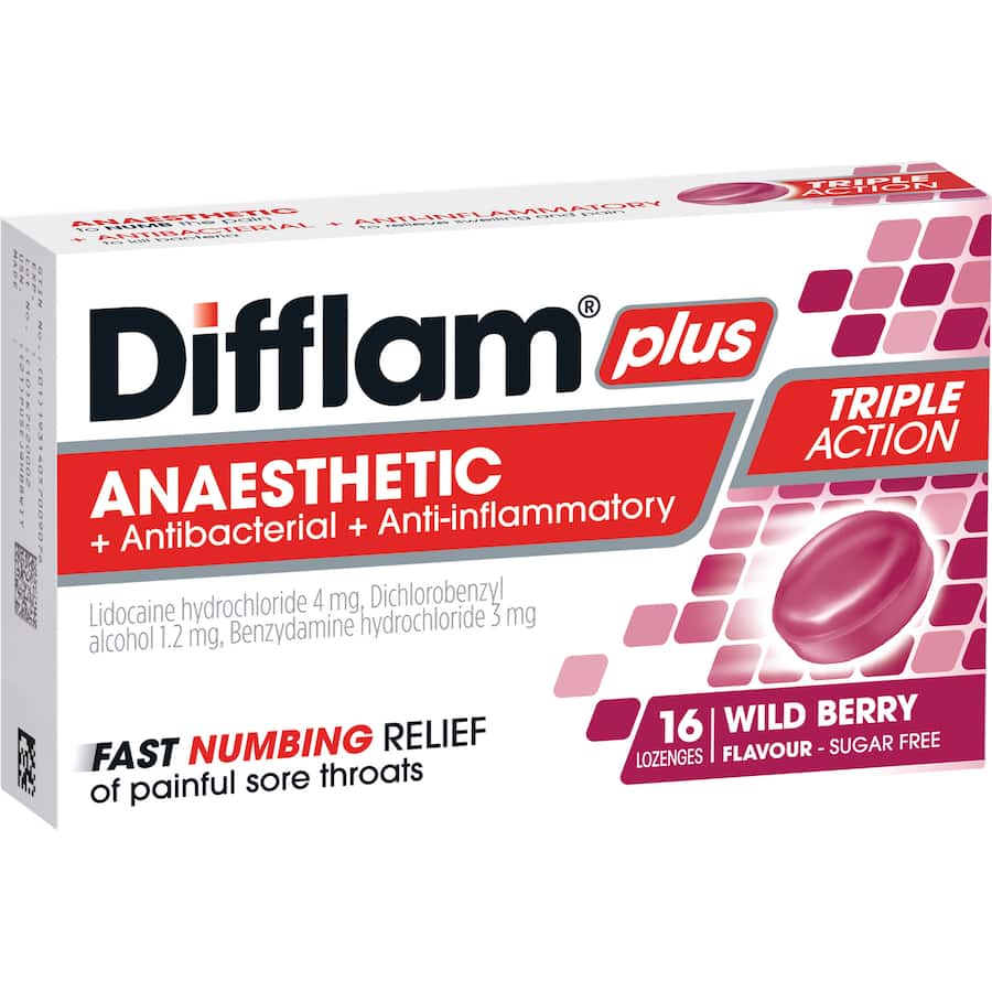 Difflam Plus Anaesthetic Sore Throat Wild Berry Lozenges 16pack