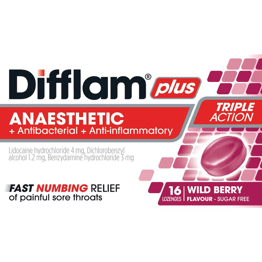 Difflam Plus Anaesthetic Sore Throat Wild Berry Lozenges 16pack