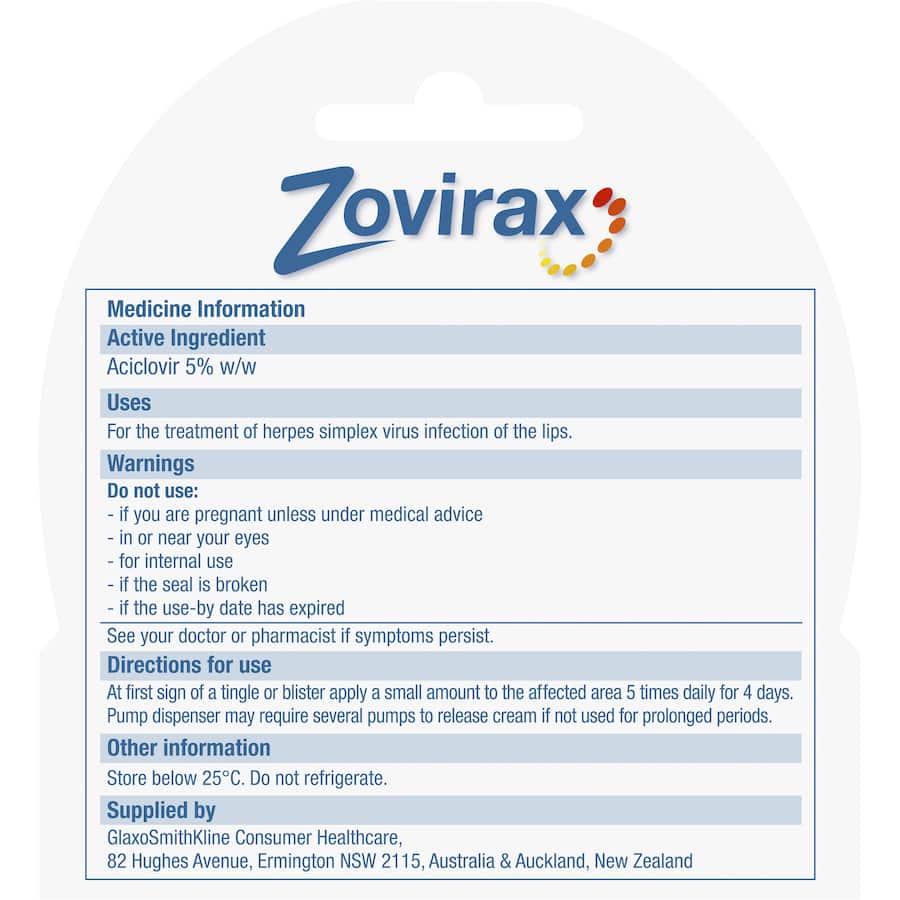 Zovirax Cold Sore Treatment Cream Pump 2g