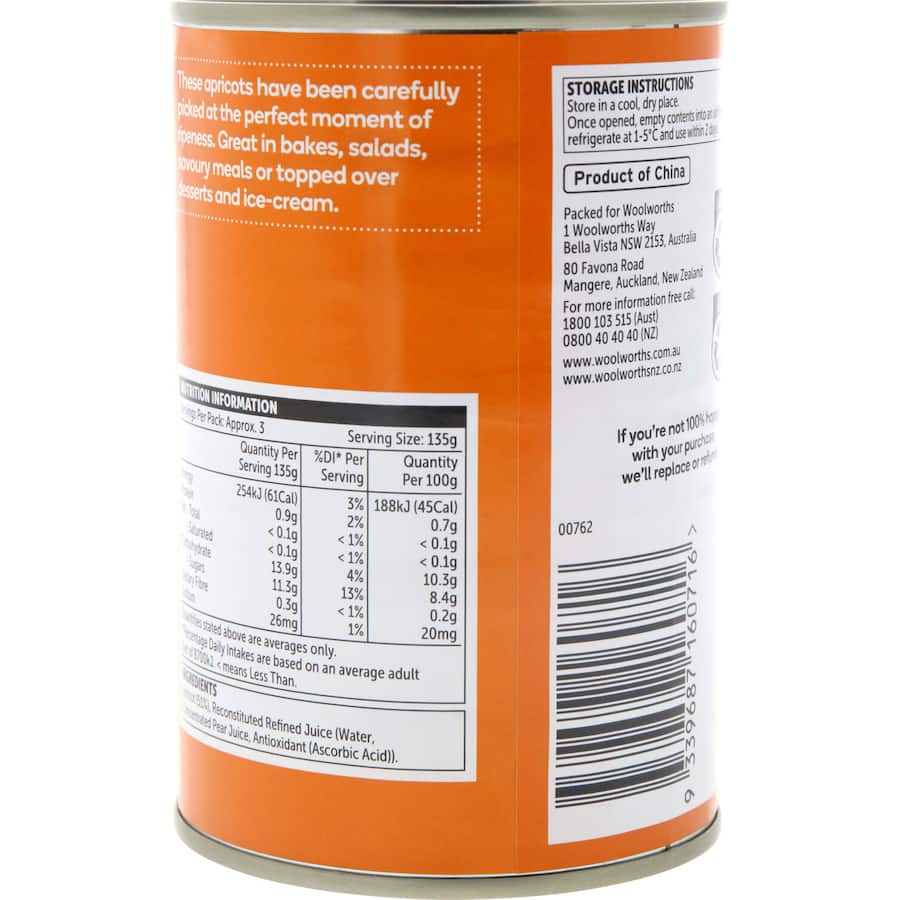 Woolworths Apricot Halves In Juice Can 410g
