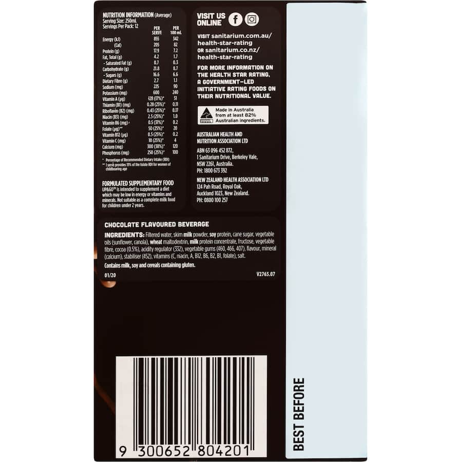 Sanitarium Up & Go Protein Liquid Breakfast Choc Hit Fridge Pack 12pk 250mL