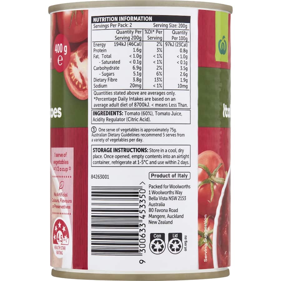 Woolworths Diced Tomatoes Italian Can 400g