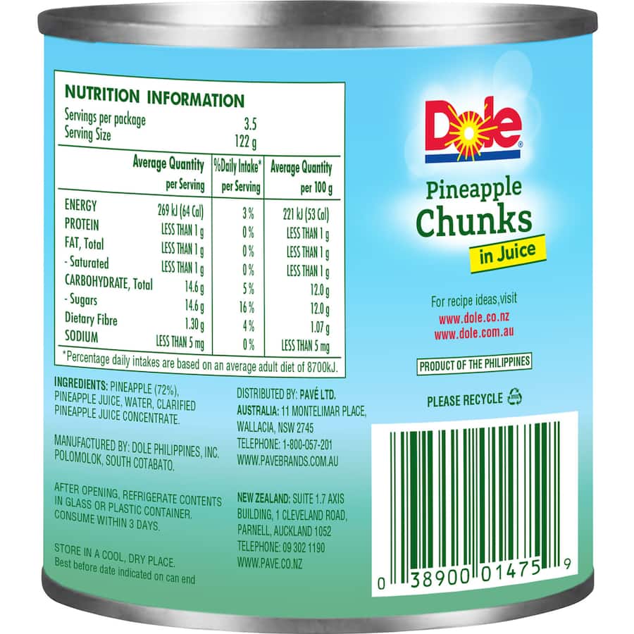 Dole Pineapple Chunks In Juice Can 432g