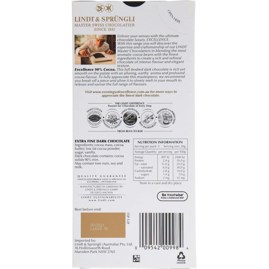 Lindt Excellence Chocolate Dark 90% 100g