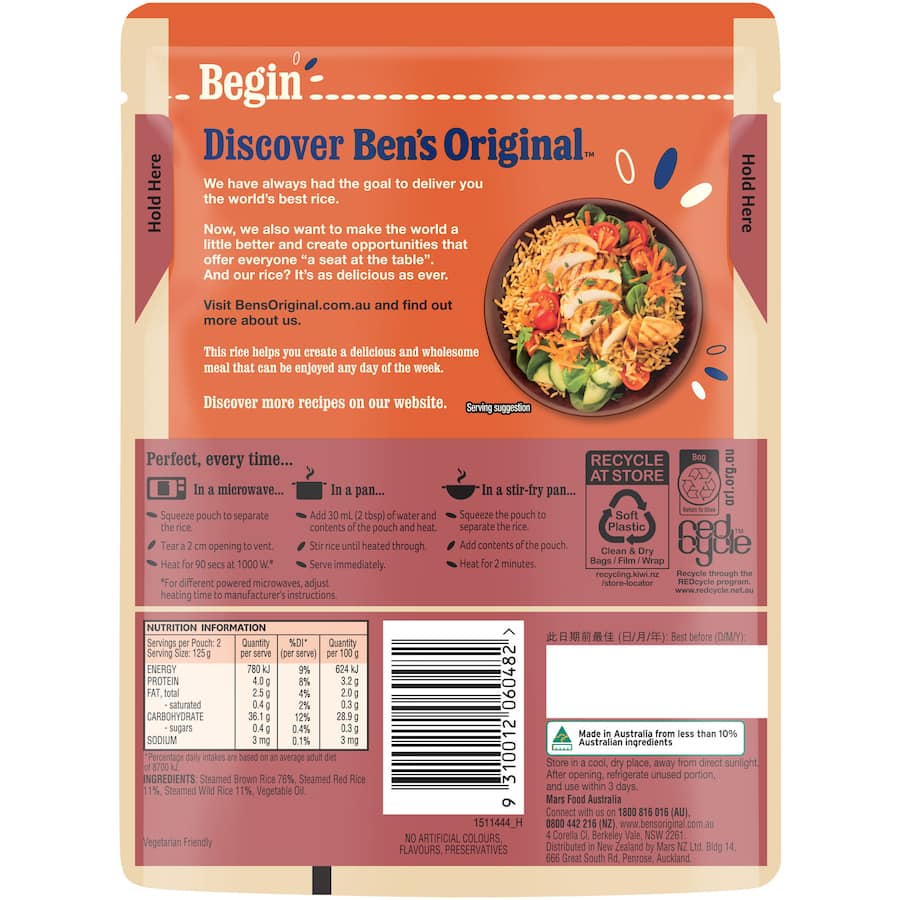 Bens Original Microwave Rice Brown, Red & Wild Rice Medley Pouch 250g