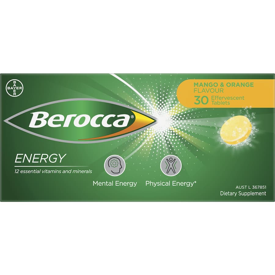 Berocca Energy Effervescent Tablets Vitamin C Mango & Orange 30pack