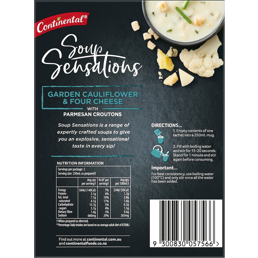 Continental Sensations Instant Soup Cauliflower & Cheese 62g 2pack