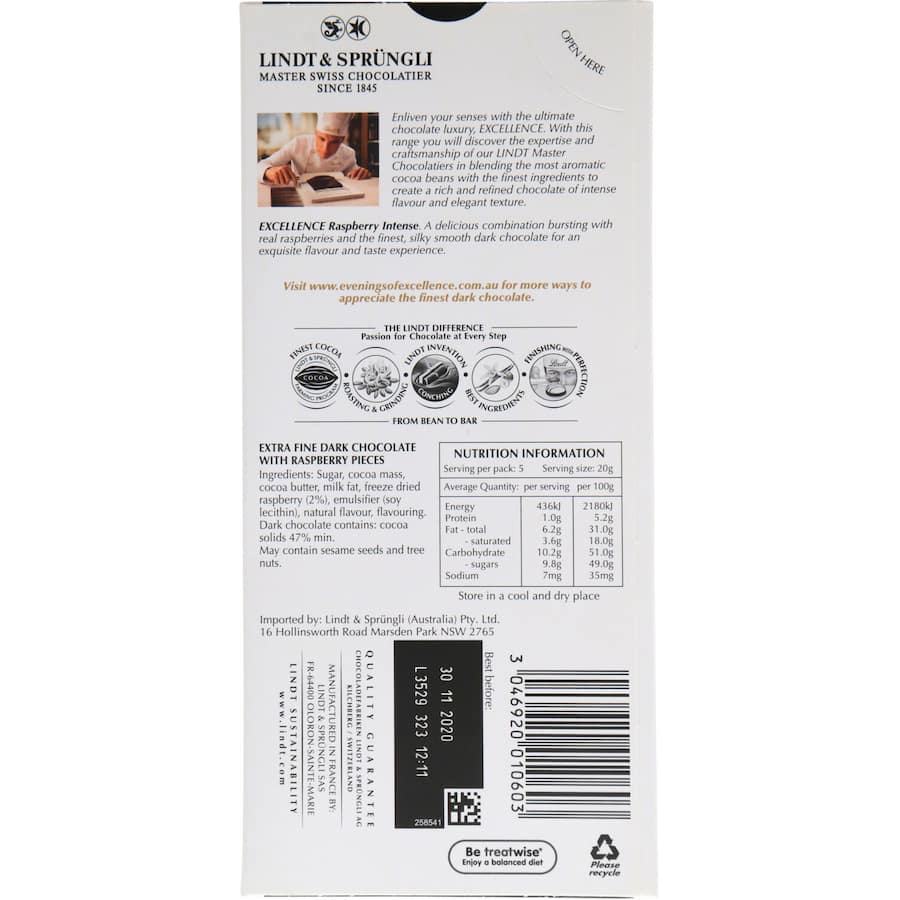 Lindt Excellence Chocolate Raspberry 100g