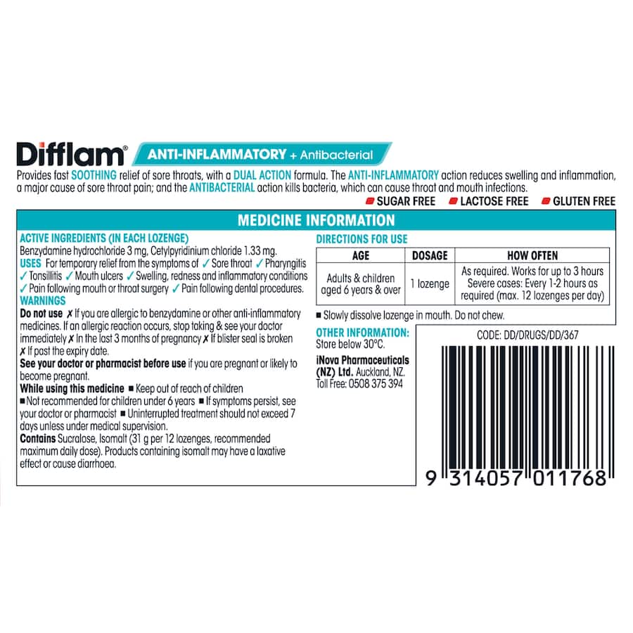 Difflam Anti-inflammatory Sore Throat Raspberry Lozenges 16pack