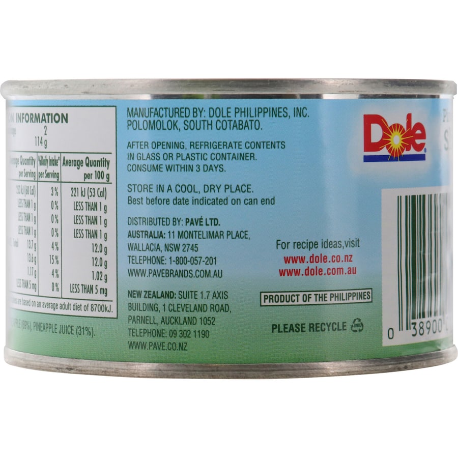 Dole Tropical Pineapple Slices In Juice Can 227g