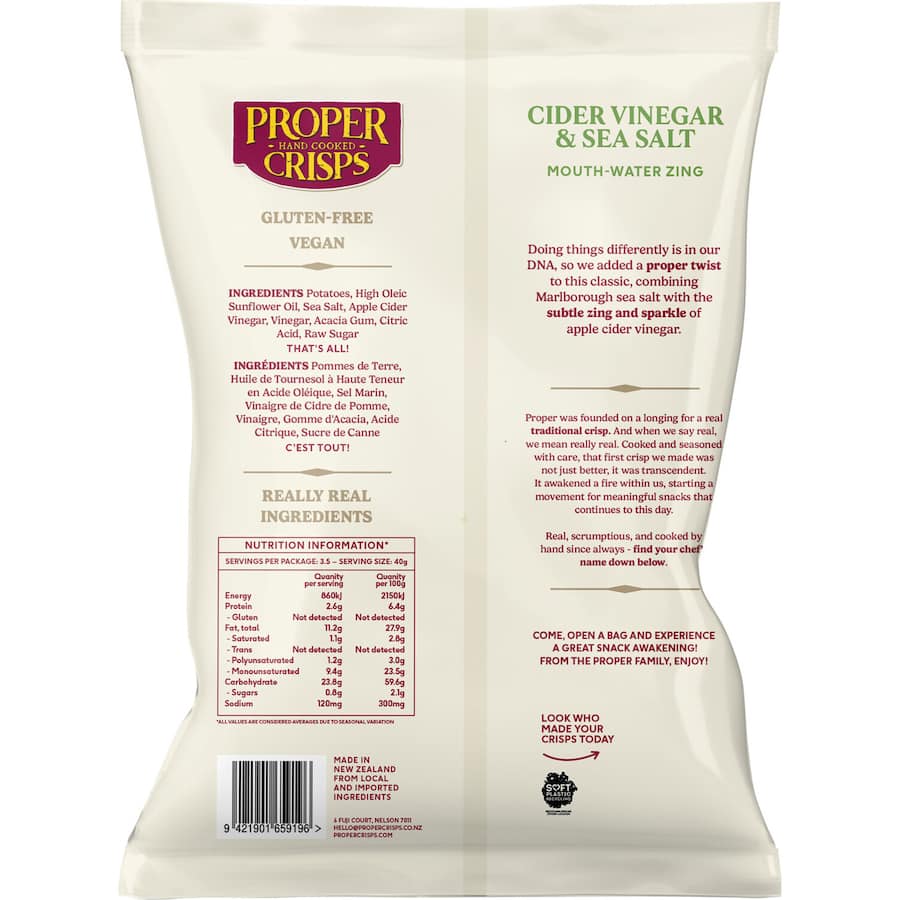 Proper Crisps Chips Cider Vinegar & Sea Salt 140g