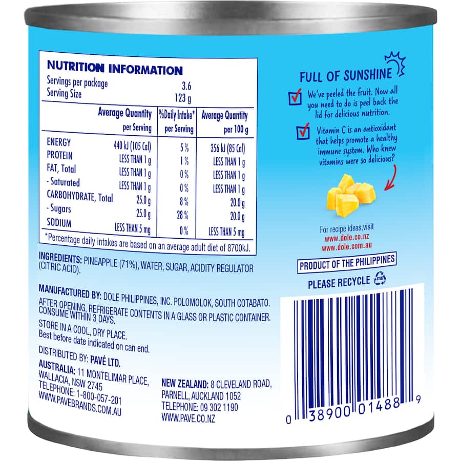 Dole Pineapple Slices In Syrup Can 439g
