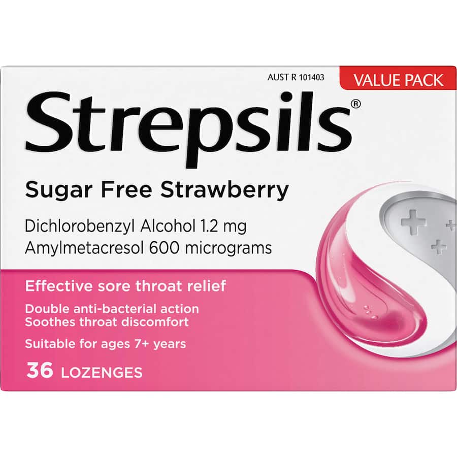 Strepsils Sugar Free Cough Throat Lozenges Strawberry 36pack