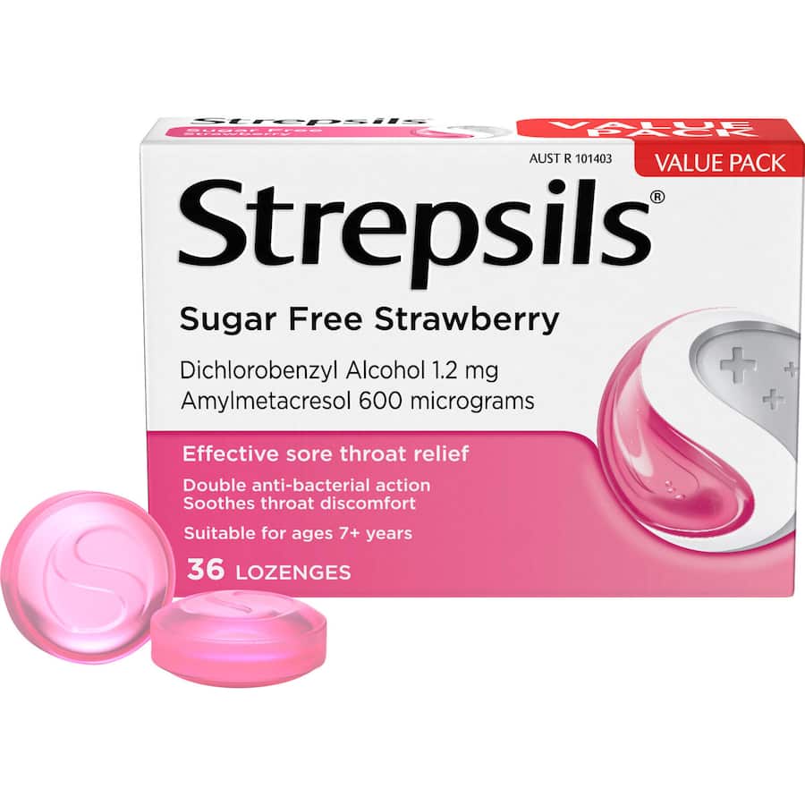 Strepsils Sugar Free Cough Throat Lozenges Strawberry 36pack