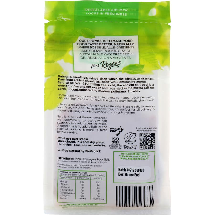 Mrs Rogers Naturals Himalayan Pink Salt Fine Resealable bag 400g