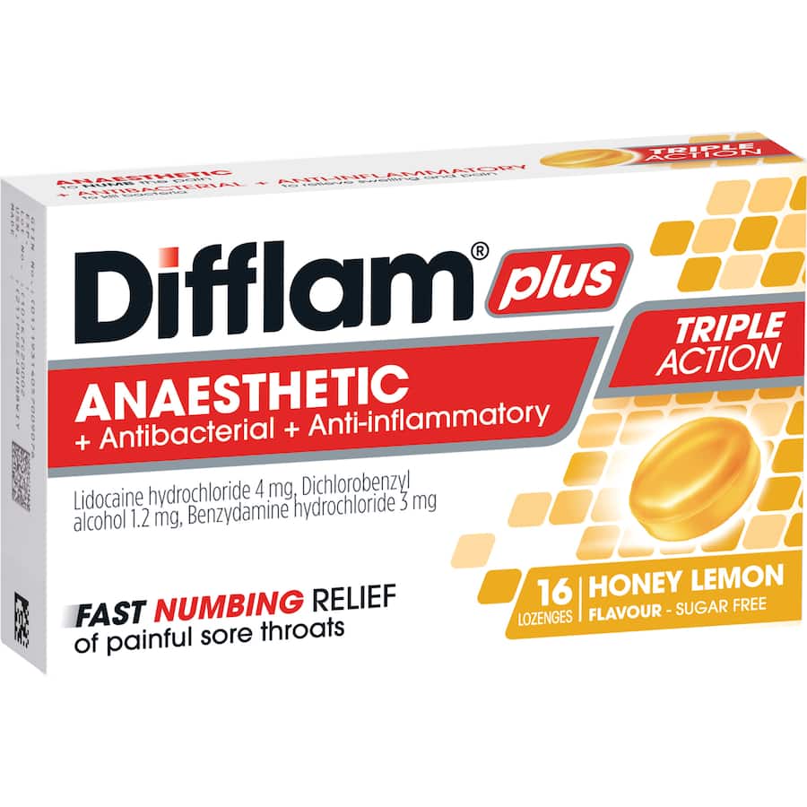 Difflam Plus Anaesthetic Sore Throat Honey Lemon Lozenges 16pack