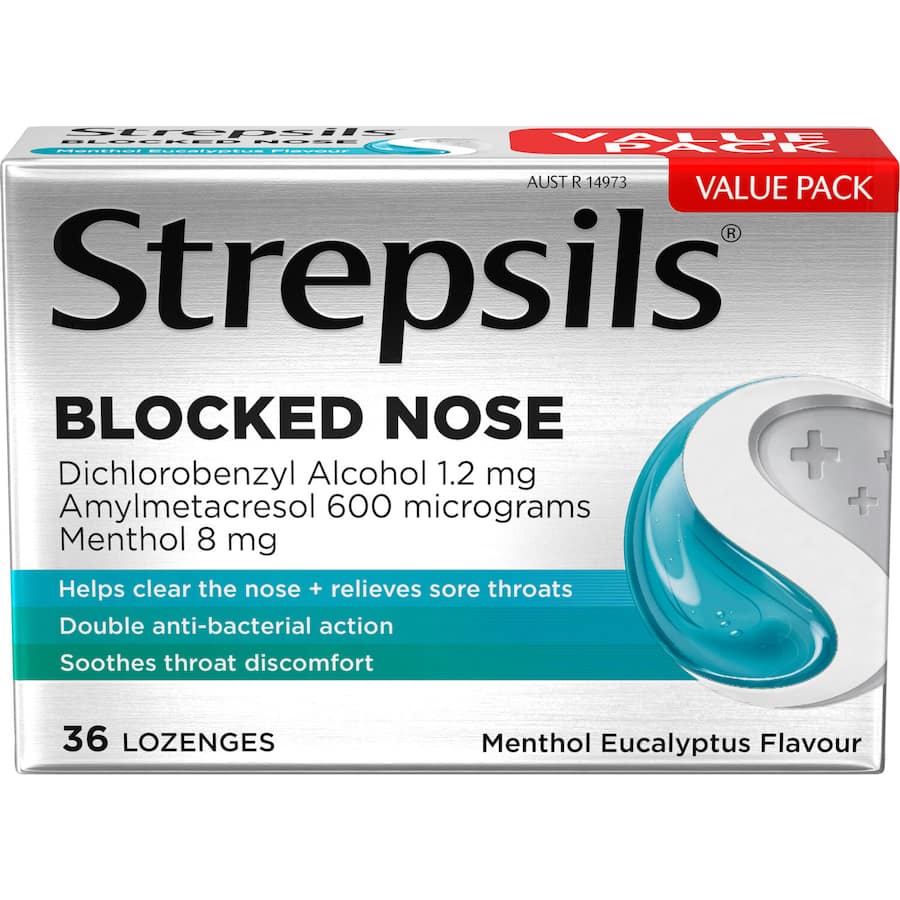 Strepsils Plus Blocked Nose Cough Throat Lozenges Menthol Eucalyptus 36pack