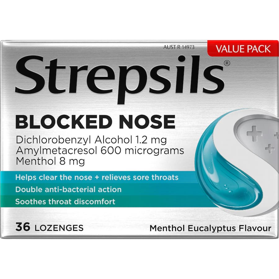 Strepsils Plus Blocked Nose Cough Throat Lozenges Menthol Eucalyptus 36pack