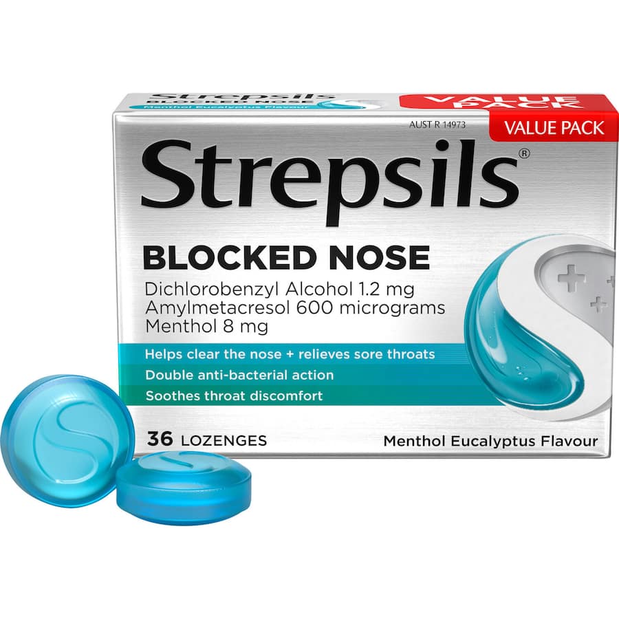 Strepsils Plus Blocked Nose Cough Throat Lozenges Menthol Eucalyptus 36pack