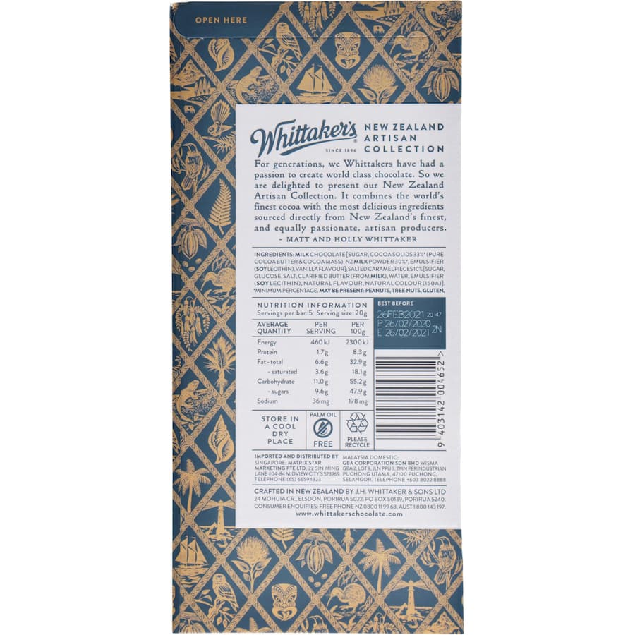 Whittakers Artisan Collection Chocolate Sea Salt & Caramel Brittle Block 100g