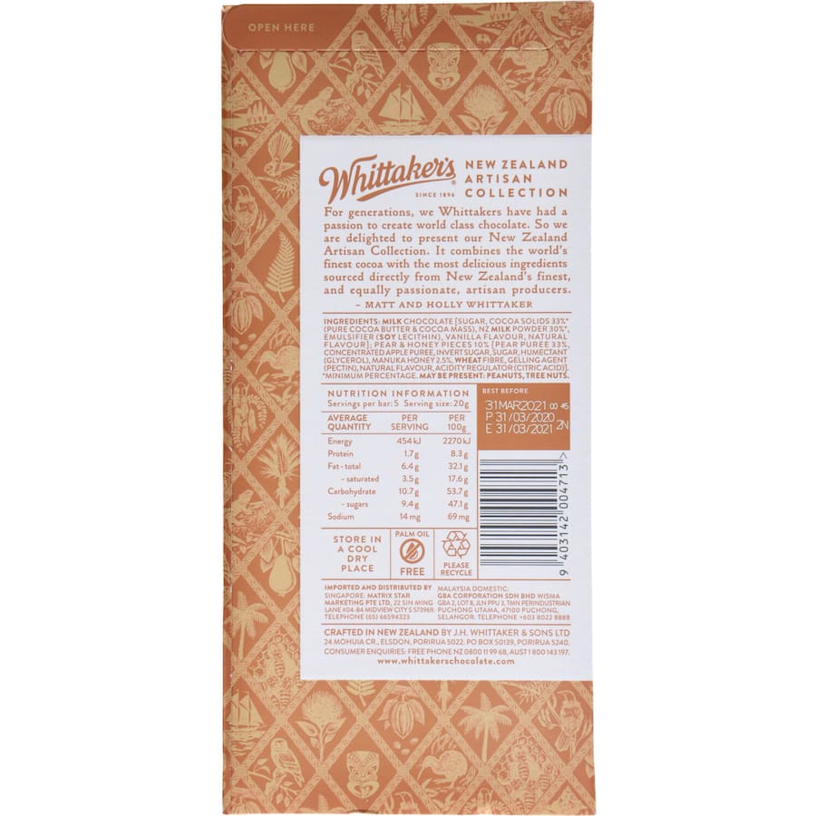 Whittakers Artisan Collection Chocolate Pear & Manuka Honey Block 100g