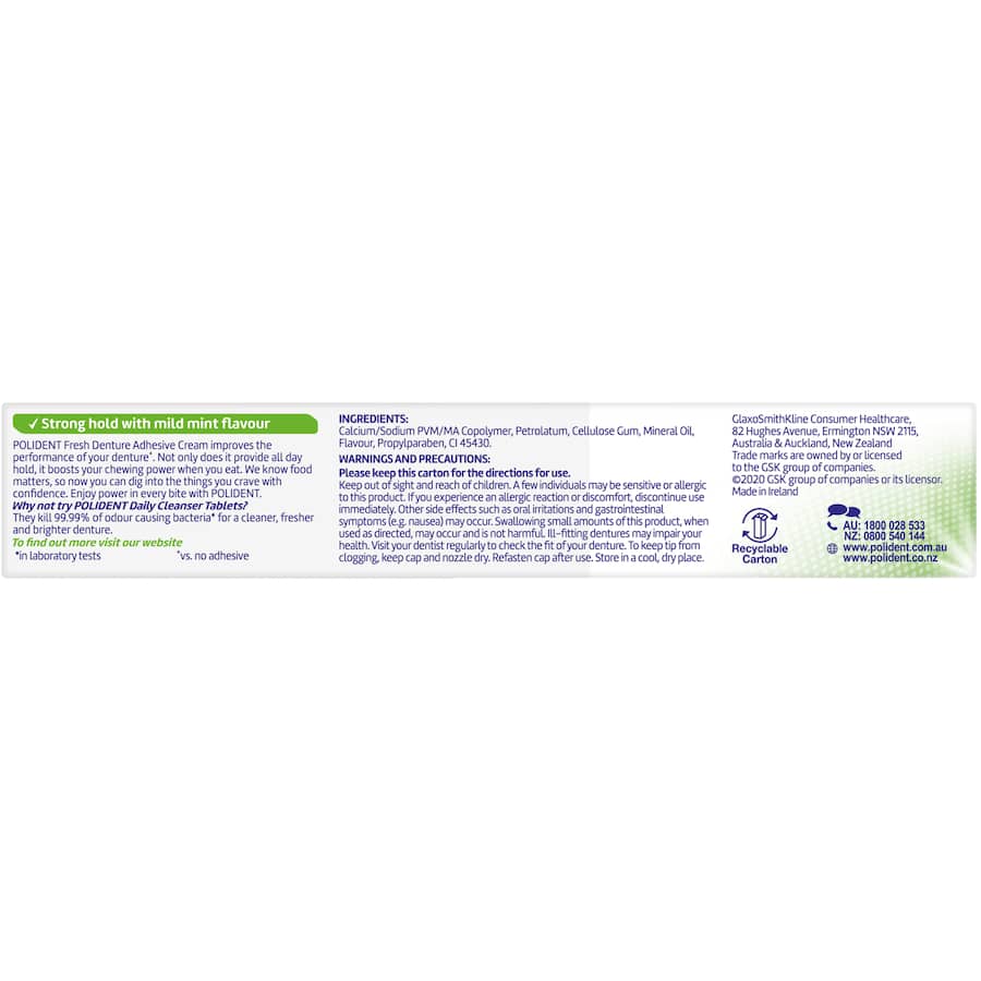 Polident Denture Adhesive Cream Fresh Mint 60g