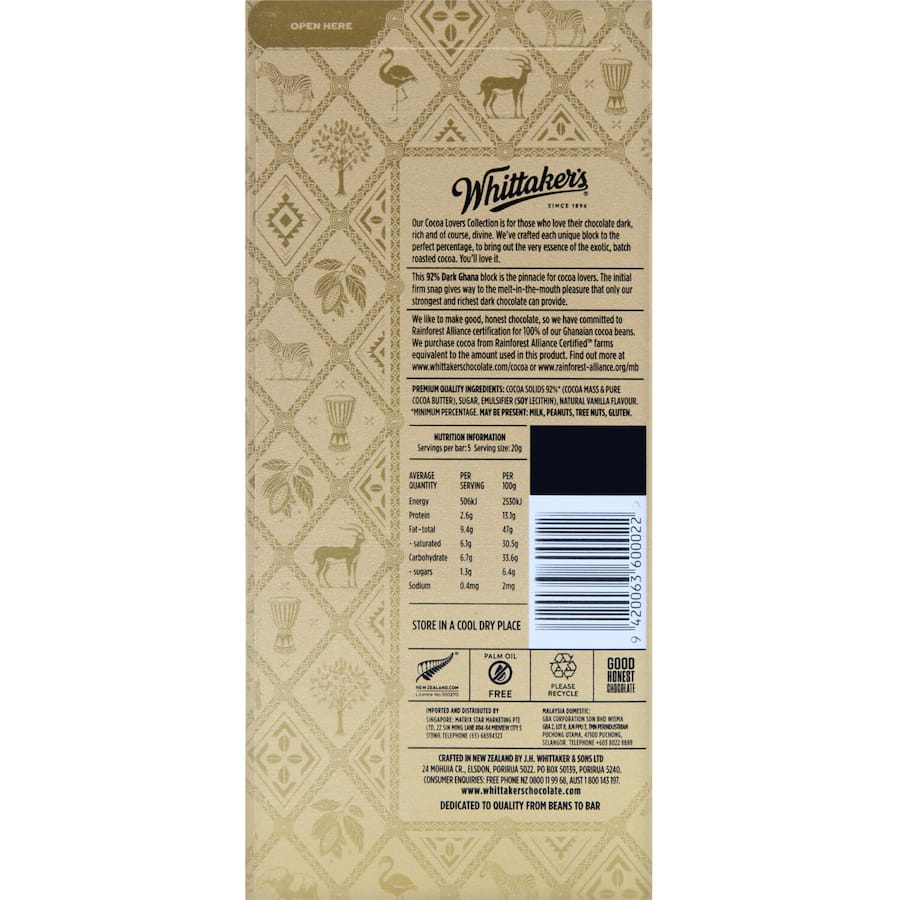 Whittakers Chocolate Cocoa Lovers Dark 92% Block 100g