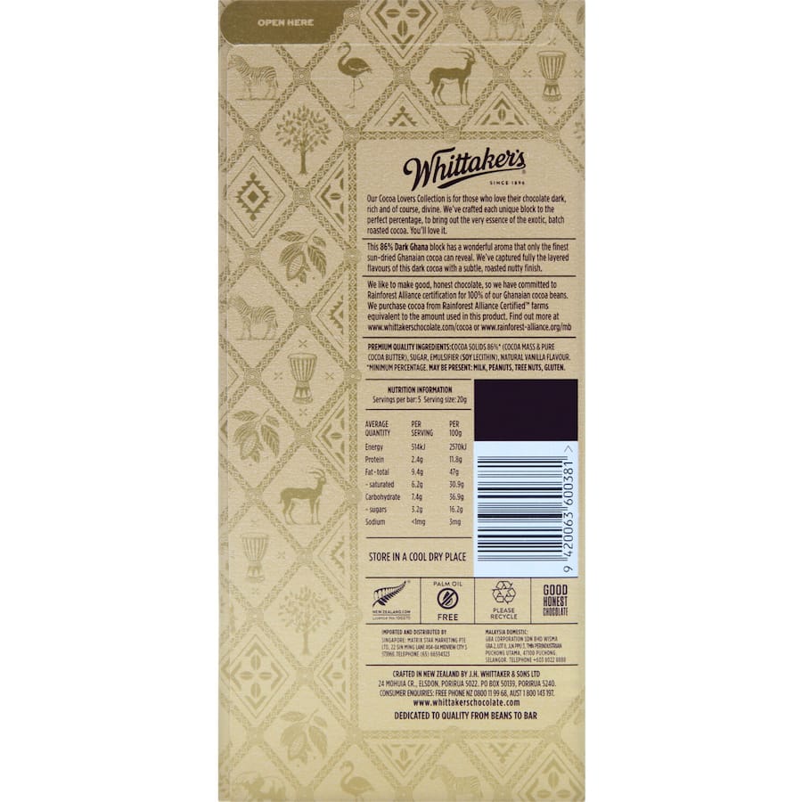 Whittakers Chocolate Cocoa Lovers Dark Ghana 86% Block 100g