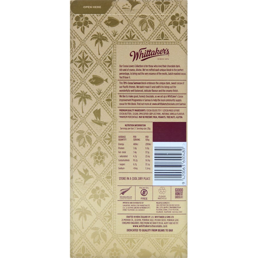 Whittakers Chocolate Cocoa Lovers Dark Samoa 70% Block 100g