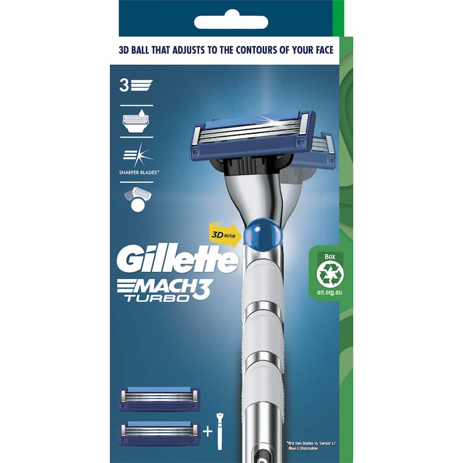 Gillette Mach 3 Turbo 3d Razor & 2 Refills 1pack