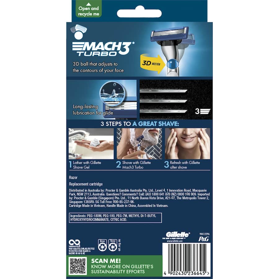 Gillette Mach 3 Turbo 3d Razor & 2 Refills 1pack