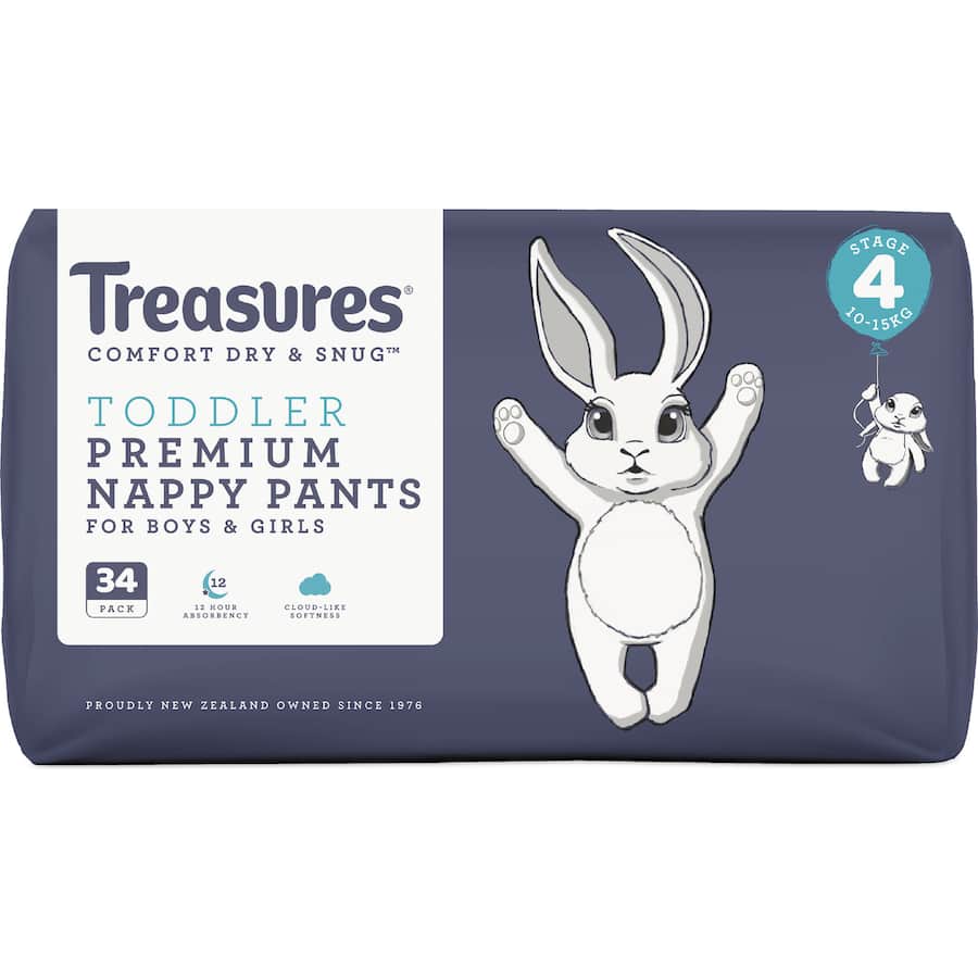 Treasures Dry & Snug Nappy Pants Toddler 10-15kg Bulk pack 34pack