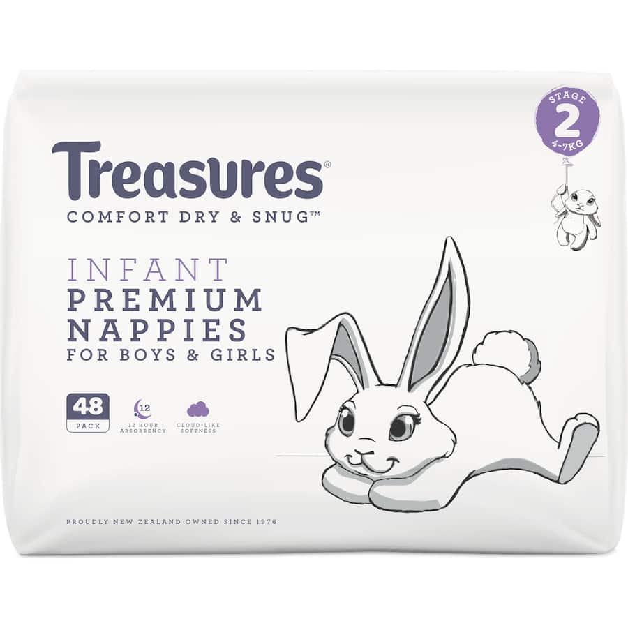 Treasures Dry & Snug Nappies Infant 4-7kg Bulk pack 48pack