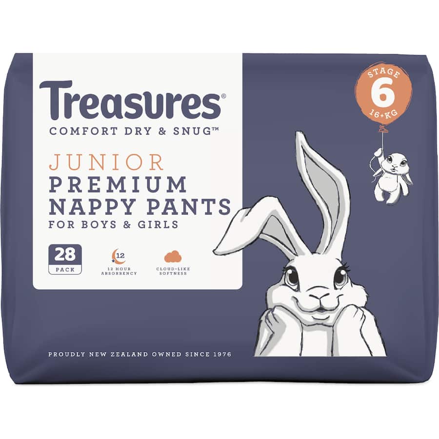 Treasures Dry & Snug Nappy Pants Junior 16kg+ Bulk pack 28pack