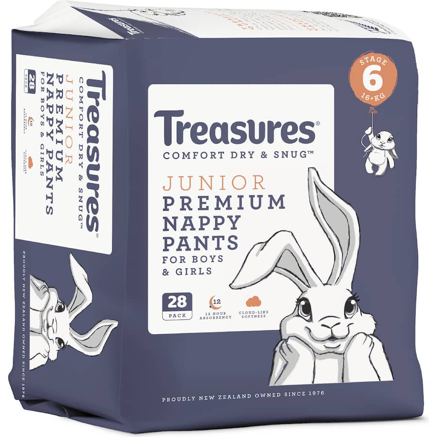 Treasures Dry & Snug Nappy Pants Junior 16kg+ Bulk pack 28pack